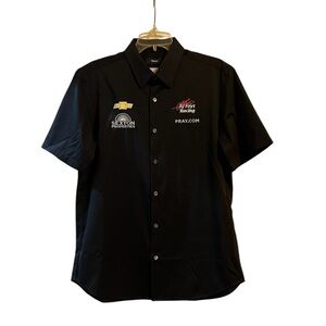Theory Women’s Short Sleeve Button Down CAR RACING Large Black Embroidered NWT